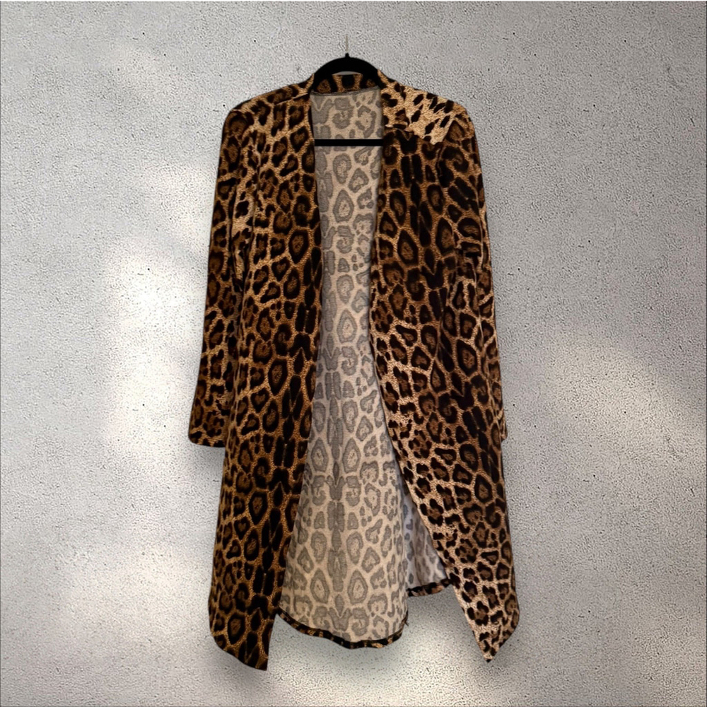 Leopard Print Long Cardigan Duster Womens Polyester Spandex Brown Size Medium
